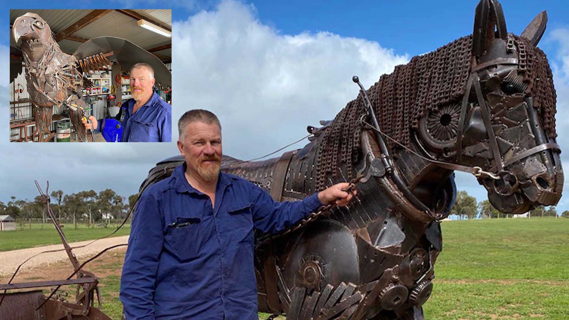 Farmer Peter Crosby's metal sculptures inspired by Erica the emu at Eyre Peninsula pub in South